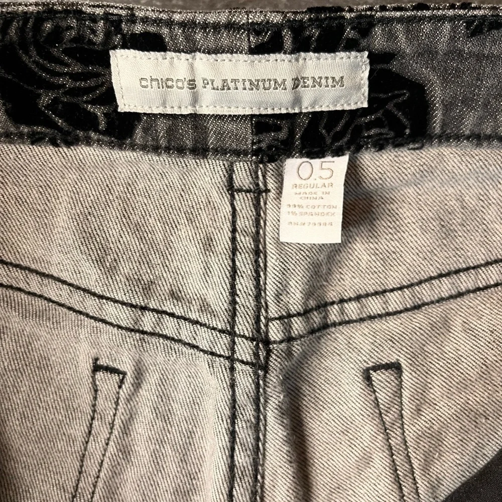 Chico's Platinum Denim Grey Jeans w/ Black Floral pattern (See chart in pics) - Picture 2 of 9